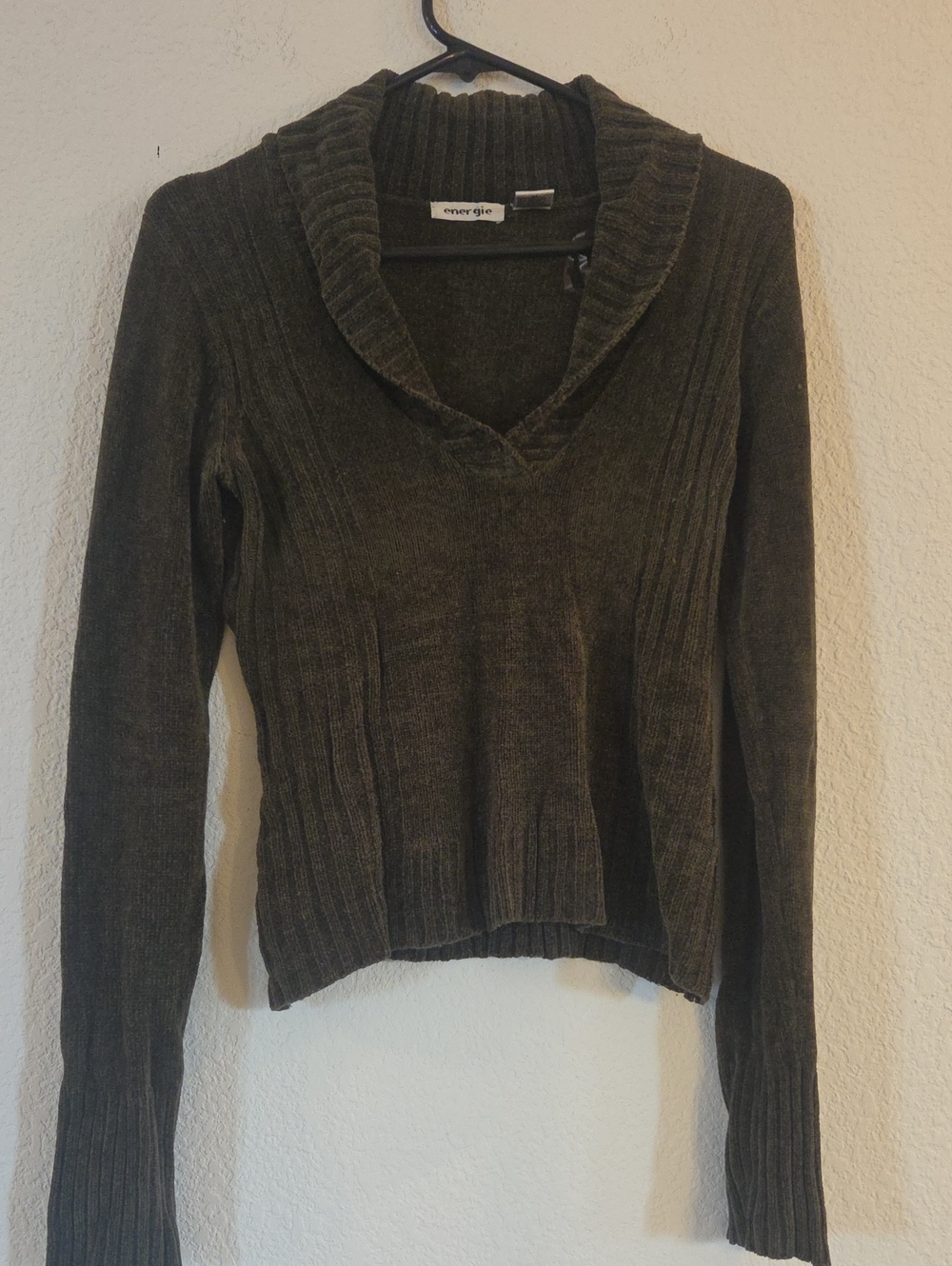 Energie Olive Ribbed Shawl Collar Sweater